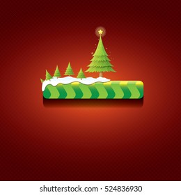 Christmas vector green glossy button with green cartoon christmas tree and christmas lights on red classic background. web green christmas button with snow, ice border design elements