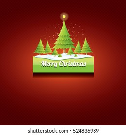 Christmas vector green glossy button with green cartoon christmas tree and christmas lights on red classic background. web green christmas button with snow, ice border design elements