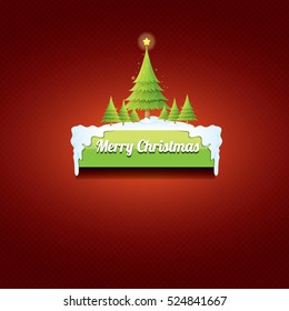 Christmas vector green glossy button with green cartoon christmas tree and christmas lights on red classic background. web green christmas button with snow, ice border design elements