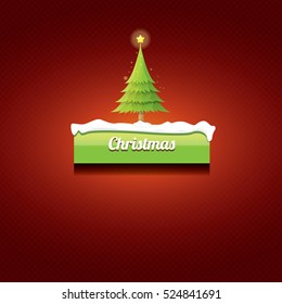 Christmas vector green glossy button with green cartoon christmas tree and christmas lights on red classic background. web green christmas button with snow, ice border design elements