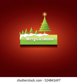 Christmas vector green glossy button with green cartoon christmas tree and christmas lights on red classic background. web green christmas button with snow, ice border design elements