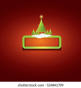Christmas vector green glossy button with green cartoon christmas tree and christmas lights on red classic background. web green christmas button with snow, ice border design elements