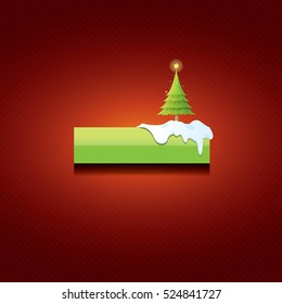 Christmas vector green glossy button with green cartoon christmas tree and christmas lights on red classic background. web green christmas button with snow, ice border design elements