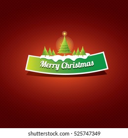 Christmas vector green glossy button with green cartoon christmas tree and christmas lights on red classic background. web green christmas button with snow, ice border design elements