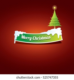 Christmas vector green glossy button with green cartoon christmas tree and christmas lights on red classic background. web green christmas button with snow, ice border design elements