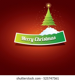 Christmas vector green glossy button with green cartoon christmas tree and christmas lights on red classic background. web green christmas button with snow, ice border design elements