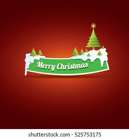Christmas vector green glossy button with green cartoon christmas tree and christmas lights on red classic background. web green christmas button with snow, ice border design elements