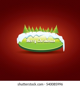 Christmas vector green glossy button with green cartoon christmas tree and lights on red classic background. web green christmas button with snow, ice border design elements