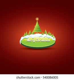 Christmas vector green glossy button with green cartoon christmas tree and lights on red classic background. web green christmas button with snow, ice border design elements