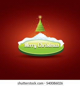 Christmas vector green glossy button with green cartoon christmas tree and lights on red classic background. web green christmas button with snow, ice border design elements