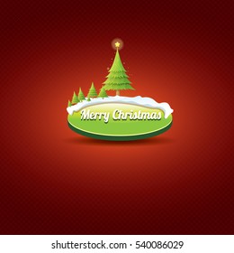 Christmas vector green glossy button with green cartoon christmas tree and lights on red classic background. web green christmas button with snow, ice border design elements