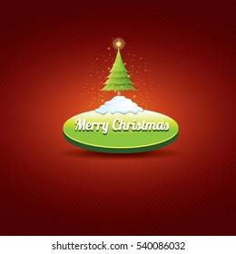 Christmas vector green glossy button with green cartoon christmas tree and lights on red classic background. web green christmas button with snow, ice border design elements