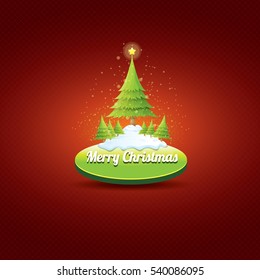 Christmas vector green glossy button with green cartoon christmas tree and lights on red classic background. web green christmas button with snow, ice border design elements