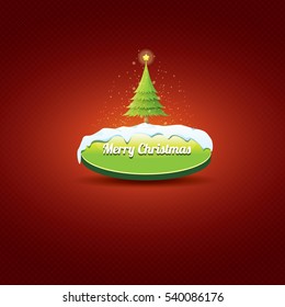 Christmas vector green glossy button with green cartoon christmas tree and lights on red classic background. web green christmas button with snow, ice border design elements