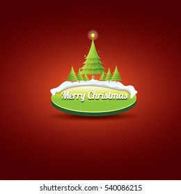 Christmas vector green glossy button with green cartoon christmas tree and lights on red classic background. web green christmas button with snow, ice border design elements