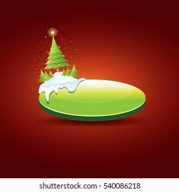 Christmas vector green glossy button with green cartoon christmas tree and lights on red classic background. web green christmas button with snow, ice border design elements