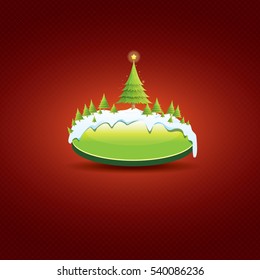 Christmas vector green glossy button with green cartoon christmas tree and lights on red classic background. web green christmas button with snow, ice border design elements
