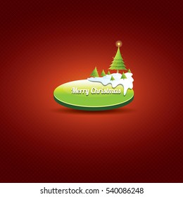 Christmas vector green glossy button with green cartoon christmas tree and lights on red classic background. web green christmas button with snow, ice border design elements