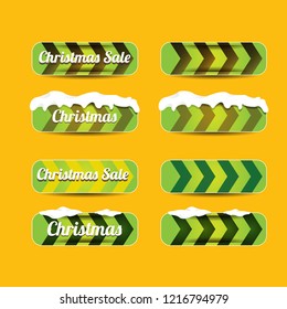 Christmas vector green glossy buttons set isolated on orange background. web green christmas sale buttons with snow, ice border
