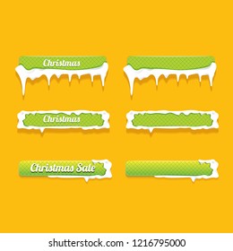 Christmas vector green glossy buttons set isolated on orange background. web green christmas sale buttons with snow, ice border