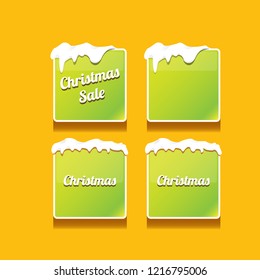 Christmas vector green glossy buttons set isolated on orange background. web green christmas sale buttons with snow, ice border