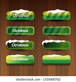 Christmas vector green glossy buttons set isolated on wooden background. web green christmas sale buttons with snow, ice border