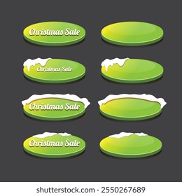 Christmas vector green glossy buttons set isolated on grey background. Web green christmas sale buttons with snow, snow flakes, ice border