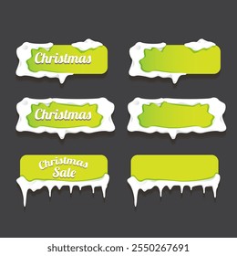 Christmas vector green glossy buttons set isolated on grey background. Web green christmas sale buttons with snow, snow flakes, ice border