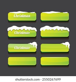 Christmas vector green glossy buttons set isolated on grey background. Web green christmas sale buttons with snow, snow flakes, ice border