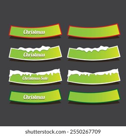 Christmas vector green glossy buttons set isolated on grey background. Web green christmas sale buttons with snow, snow flakes, ice border