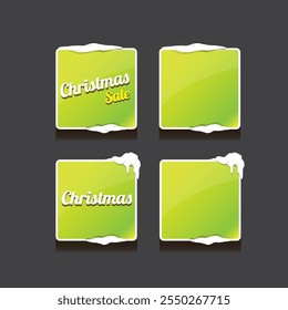 Christmas vector green glossy buttons set isolated on grey background. Web green christmas sale buttons with snow, snow flakes, ice border