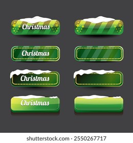 Christmas vector green glossy buttons set isolated on grey background. Web green christmas sale buttons with snow, snow flakes, ice border