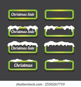 Christmas vector green glossy buttons set isolated on grey background. Web green christmas sale buttons with snow, snow flakes, ice border