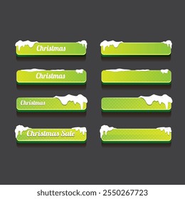 Christmas vector green glossy buttons set isolated on grey background. Web green christmas sale buttons with snow, snow flakes, ice border