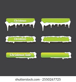 Christmas vector green glossy buttons set isolated on grey background. Web green christmas sale buttons with snow, snow flakes, ice border