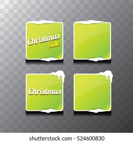 Christmas vector green glossy buttons set with transparent shadow. web green christmas buttons with snow, ice border and merry christmas text