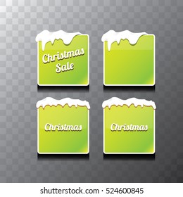 Christmas vector green glossy buttons set with transparent shadow. web green christmas buttons with snow, ice border and merry christmas text