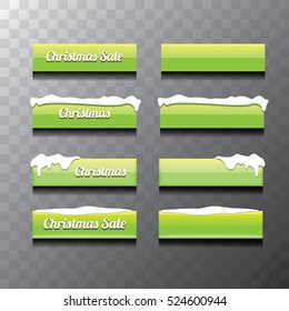 Christmas vector green glossy buttons set with transparent shadow. web green christmas buttons with snow, ice border and merry christmas text