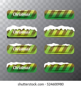 Christmas vector green glossy buttons set with transparent shadow. web green christmas buttons with snow, ice border and merry christmas text