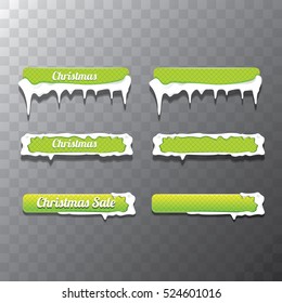 Christmas vector green glossy buttons set with transparent shadow. web green christmas buttons with snow, ice border and merry christmas text