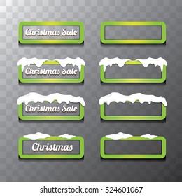Christmas vector green glossy buttons set with transparent shadow. web green christmas buttons with snow, ice border and merry christmas text