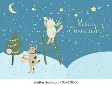 Christmas vector greeting card. Animals near New Year tree. 