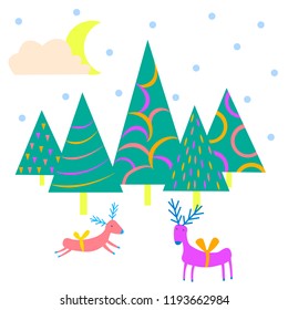Christmas Vector Greeting Card. Cartoon deer Fir Trees Snowflakes Wonderland. Editable.