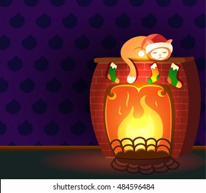 Christmas vector greeting card - cat sleeping on a fireplace in empty room