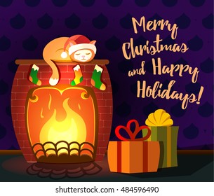 Christmas vector greeting card - cat sleeping on a fireplace with couple of gifts