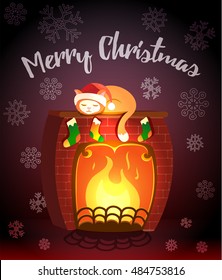 Christmas vector greeting card - cat sleeping on a fireplace. Snow falling on dark violet background. Holiday time. Fire burning. Merry Christmas wish