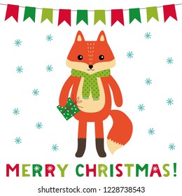 Christmas vector greeting card with a cute cartoon fox