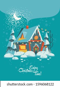 Christmas vector greeting card with cute little winter house
