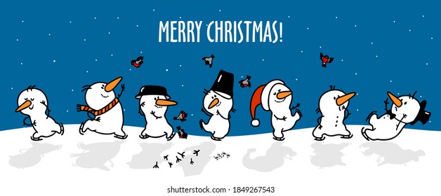 Weihnachtsvektorkarte mit süßen Schneemännern. Silvester Illustration mit dem Text "MERRY CHRISTMAS".  С bunter Wintercartoon-Hintergrund.  Weihnachtskarte 