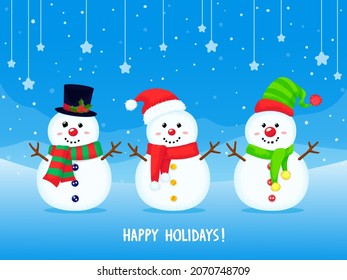 Christmas vector greeting card with cute snowmen. Colorful winter cartoon background. New year illustration with text Happy holidays.